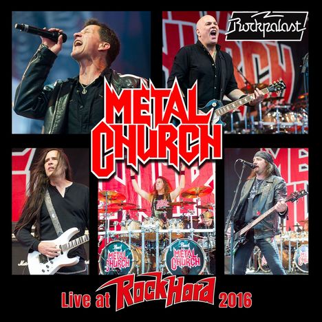 „Metal Church“, „Live at Rock Hard 2016“, „Rockpalast“. Musiker auf der Bühne mit Instrumenten in lebendigen Posen.