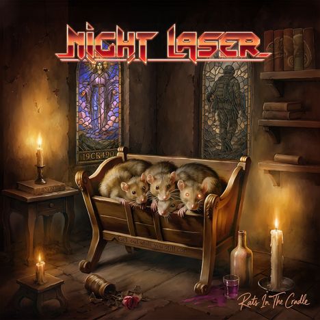 "Night Laser", "19CR490", "Get out while you still can", "Rats in the Cradle". Drei Ratten in einer Holzwiege, Kerzenschein.