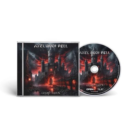 Text: "AXEL RUDI PELL" und "GHOST TOWN". Ein dunkles Schloss mit rotem Himmel im Hintergrund. CD und Cover sind identisch.