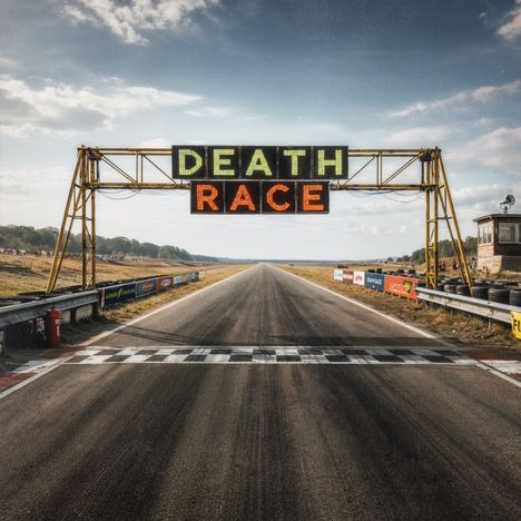 "DEATH RACE" in Leuchtschrift über einer Rennstrecke mit Startlinie, umgeben von grünen Feldern und einem Kontrollturm.