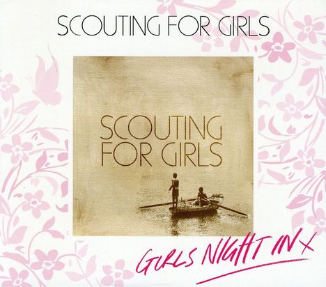 "SCOUTING FOR GIRLS", "GIRLS NIGHT IN". Darunter Silhouette von zwei Personen im Boot. Blumenmuster in Rosa.