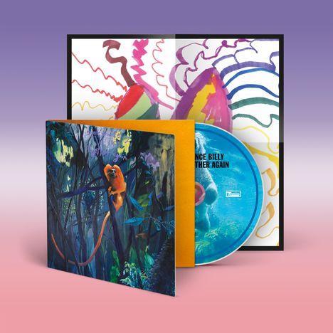 Der Text "ONCE BILLY ANOTHER AGAIN" steht auf einer blauen CD. Bunte Illustrationen und ein Gemälde eines Affen.