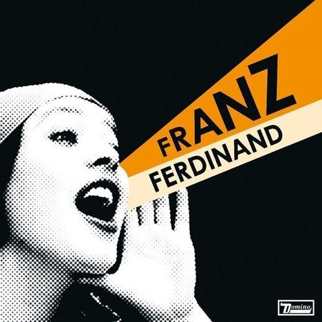 FRANZ FERDINAND in schwarzen Buchstaben auf orange-cremem Hintergrund. Illustration: Rufende Frau im Pop-Art-Stil.