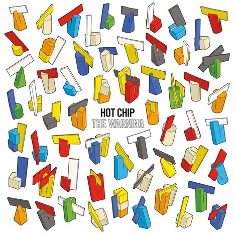 „HOT CHIP THE WARNING“; bunte abstrakte Formen in Rot, Blau, Gelb, Grün und Grau auf weißem Hintergrund.