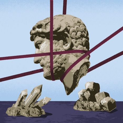 Illustration: Eine antike Büste, von roten Bändern umwickelt, schwebt über Kristallen und Felsen.