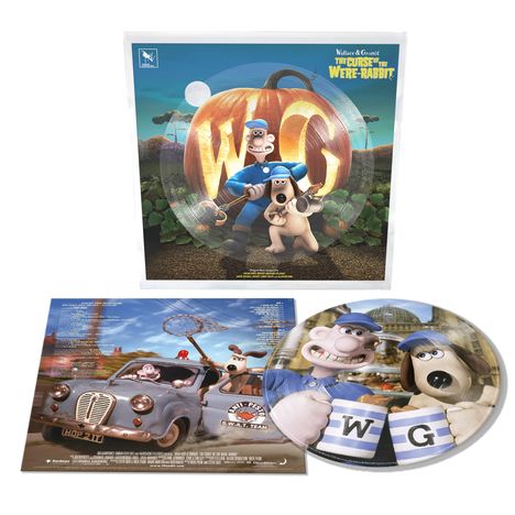 "Wallace & Gromit: The Curse of the Were-Rabbit". Zwei Figuren vor Riesenkürbis mit Initialen WG. Auto-Szene darunter.