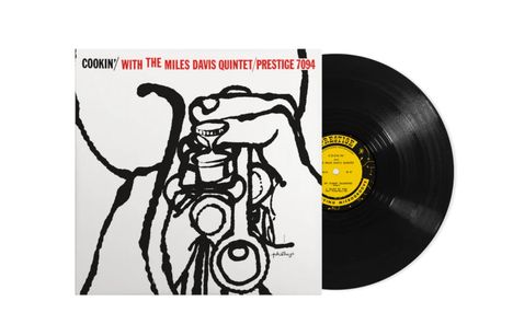"Cookin' with the Miles Davis Quintet/Prestige 7094". Illustration einer Trompete in Schwarz-Weiß.