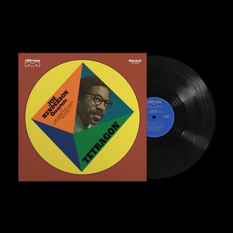 Quadrat mit gelbem Kreis, bunten Dreiecken, Texten "JOE HENDERSON QUARTETS" und "TETRAGON", zeigt ein Mann-Gesicht.