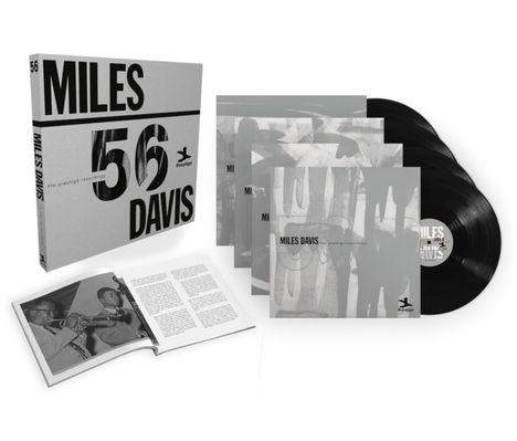 "MILES 56 DAVIS" und "the prestige recordings." Vinylplatten, Buch mit Foto von Trompetenspieler.