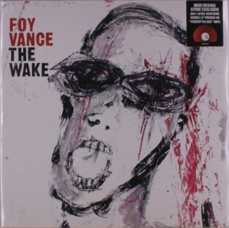 „FOY VANCE THE WAKE“ in roten und schwarzen Buchstaben; gemalte Person mit Brille und offenem Mund in kräftigen Pinseltönen.
