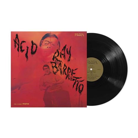ACID, RAY BARRETTO, FANIA in schwarzer Schrift auf rotem Hintergrund. Schallplatte liegt rechts daneben.