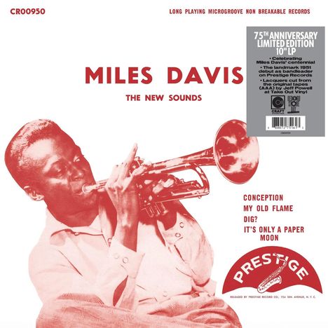 "MILES DAVIS - THE NEW SOUNDS" in roter Schrift, zeigt ihn beim Trompetenspiel. Weitere Infos über die Vinyl-Edition.