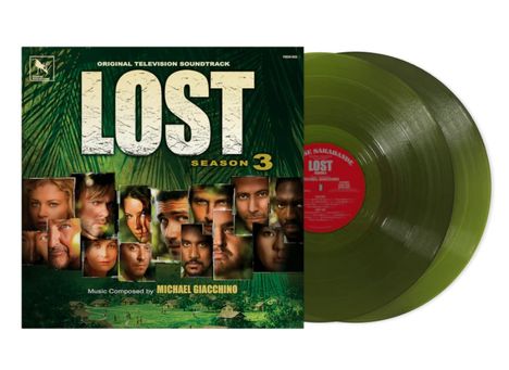 "LOST Season 3" oben auf grünem Hintergrund mit vielen Gesichtern darunter und zwei grünen Schallplatten rechts.
