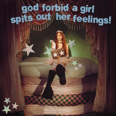 "god forbid a girl spits out her feelings!" steht über einem Bett, dekoriert mit Glitzersternen und einer Person im Mittelpunkt.