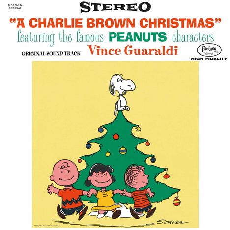 "A Charlie Brown Christmas", Peanuts, Vince Guaraldi. Illustration: Snoopy auf Baum, Charlie, Lucy und Linus tanzen.