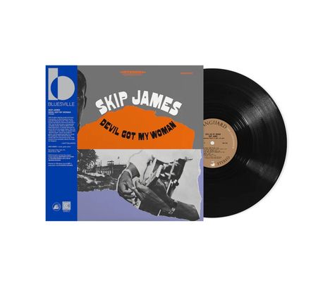 "Skip James, Devil Got My Woman." Ein Vinyl-Cover mit Schwarz-Weiß-Foto eines Gitarristen, farbigen Akzenten und Text.