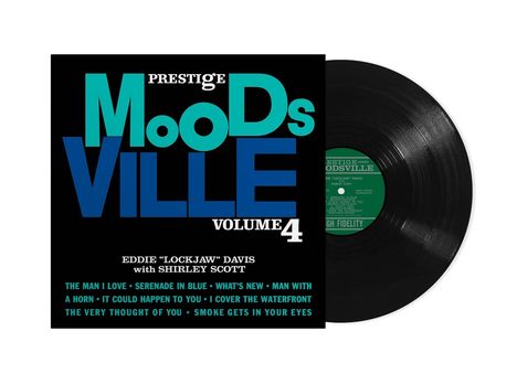 "Prestige Moodsville Volume 4". Schwarzes Albumcover mit türkis-blauer Schrift. Vinylplatte sichtbar rechts.