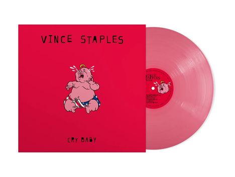 "VINCE STAPLES", "CRY BABY". Cover in Rosa, weinendes Cartoon-Baby mit Windel und Schnuller. Rosa Vinyl.