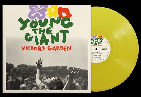 Text: "Young the Giant, Victory Garden, Evergreen, Different Kind of Love, Bitter Fruit, Already There, Ships Passing." Gelbe Schallplatte.