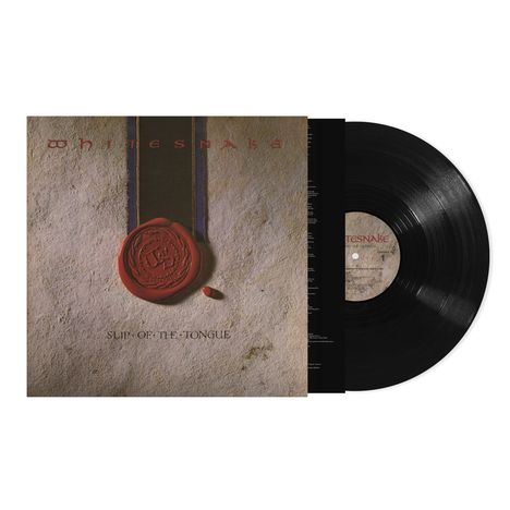 "Whitesnake" oben, "Slip of the Tongue" unten. Ein rotes Wachssiegel ziert eine strukturierte Oberfläche. Vinylplatte sichtbar.