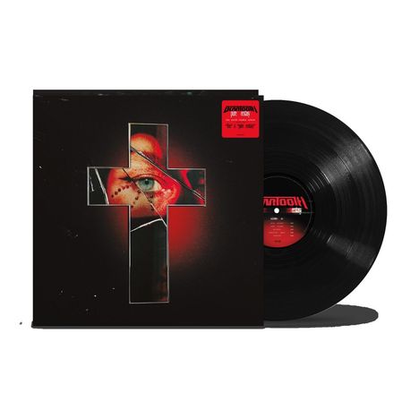 Rotes Label, Albumcover mit Kreuz und Gesicht im Hintergrund, daneben eine schwarze Vinyl-Schallplatte.