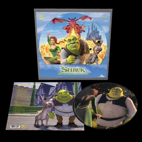 "Shrek Original Motion Picture Score" steht auf einem Cover. Illustration: Shrek, Fiona, der Esel und ein Drache mit einem Schloss im Hintergrund.