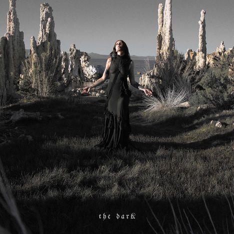 Text: "the dark". Eine Person in schwarzem Kleid steht in einer felsigen Landschaft mit bizarren, hohen Steinformationen.
