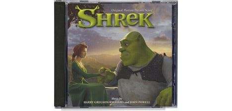 Texte: "Original Motion Picture Score, SHREK, Music by Harry Gregson-Williams and John Powell." Ein grüner Oger mit einer Frau.