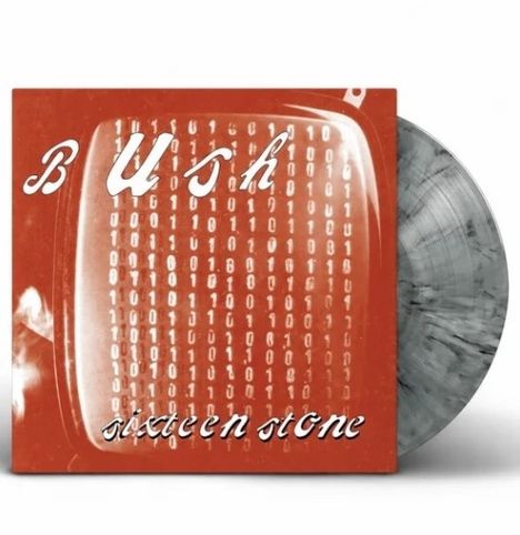 Auf einem roten Cover steht "Bush" und "sixteen stone". Daneben ist eine Schallplatte in Marmoroptik.