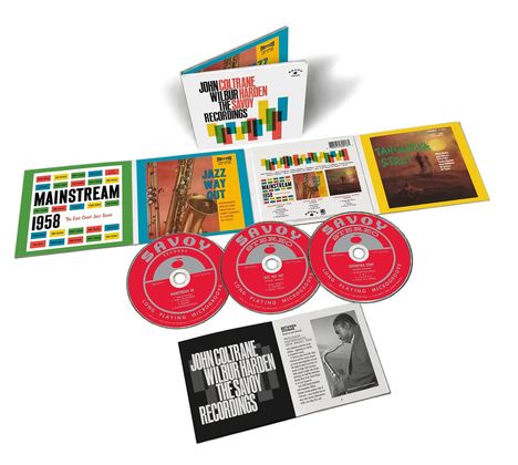 Titel: "John Coltrane with Wilbur Harden: The Savoy Recordings". Vier CDs mit farbenfrohem CD-Cover-Design.