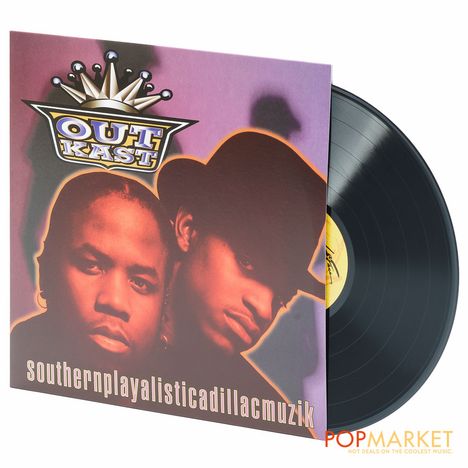 „OutKast“ und „southernplayalisticadillacmuzik“ stehen auf einem Plattencover, aus dem eine Schallplatte herausragt.