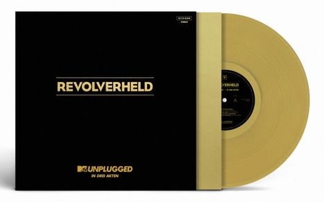 "REVOLVERHELD" und „MTV Unplugged in drei Akten“ in goldener Schrift auf schwarzem Cover, goldene Schallplatte sichtbar.