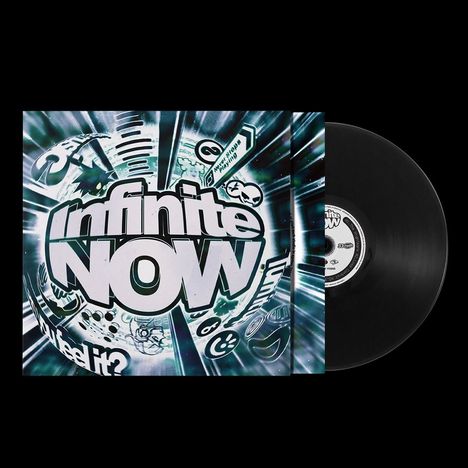 Der Text lautet „Infinite NOW“. Eine Schallplatte mit energetischem, futuristischem Design.