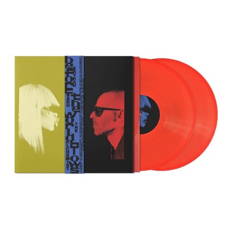 Text: "the alchemist, you see." Illustration von zwei Profilansichten: links in Gelb, rechts in Rot, mit roten Vinylplatten.