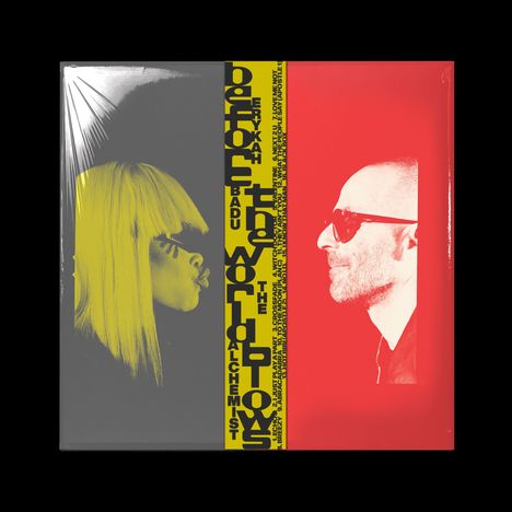Text: "bad bad not good before the world blows." Links gelber Hintergrund, Frau; rechts rote Fläche, Mann mit Sonnenbrille.