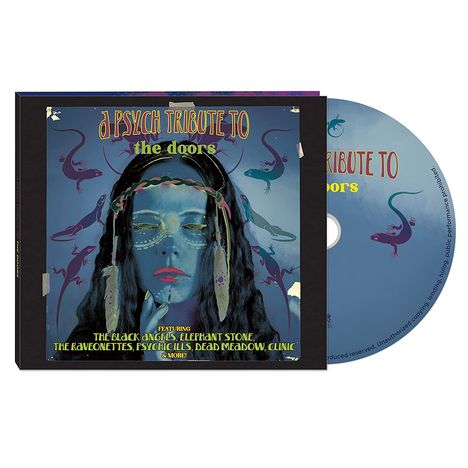 CD-Cover mit dem Text "A Psych Tribute to the Doors" und Bandnamen, dargestellt als psychedelische Illustration.