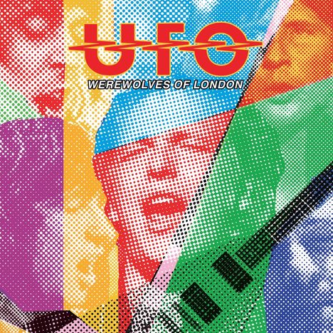 Text: "UFO" und "WEREWOLVES OF LONDON". Pop-Art-Illustration mit farbigen, gepunkteten Gesichtern und Gitarre.