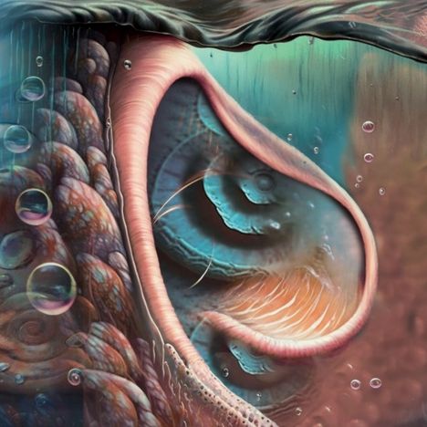 Keine Texte sichtbar. Surrealistische Illustration mit schuppiger, blasenbedeckter Struktur und großem, gerundeten Ohr.