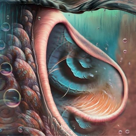 Keine erkennbaren Texte. Illustration eines abstrakten Ozeanmotivs mit Muscheln, Blasen und fließenden Formen.