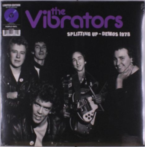 "The Vibrators" in lila Text, "Splitting Up - Demos 1978", fünf Männer in Lederjacken, einer hält eine Gitarre.