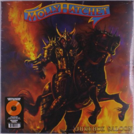 "MOLLY HATCHET" in großen Buchstaben oben, "JUKEBOX SALOON" unten. Illustration: Ritter mit Flammen und Pferd.