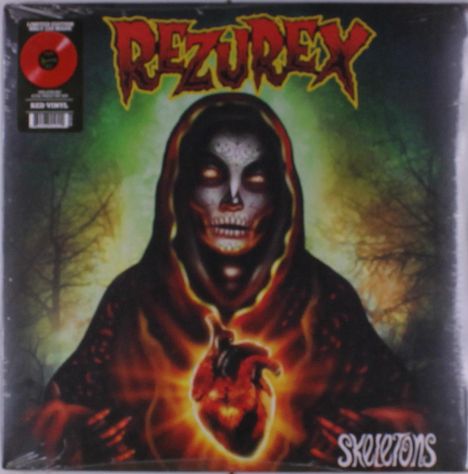 "Rezurex" und "Skeletons" in verspielter Schrift. Eine Illustration mit einem skelettartigen Wesen, das ein leuchtendes Herz hält.