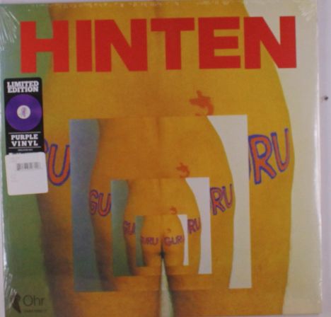 Text: HINTEN, LIMITED EDITION, PURPLE VINYL. 

Illustration: Mehrfaches Bild eines menschlichen Rückens mit dem Wort "GURU".