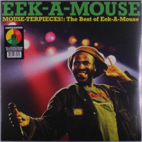 Text oben: "EEK-A-MOUSE, MOUSE-TERPIECES!: The Best of Eek-A-Mouse". Sänger mit Mikrofon vor bunten Lichtern.