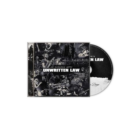 Text: "An Evening with Unwritten Law." Schwarz-weiße Kollage von Konzertbildern auf einem CD-Cover.
