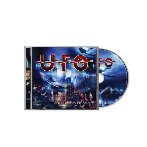 Text: "UFO", "A Conspiracy Of Stars". Cover mit futuristischer Stadt und Raumschiffen.