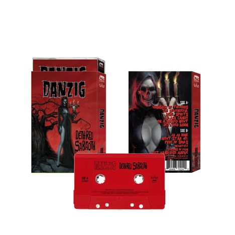 "Danzig Deth Red Sabaoth" steht auf rotem Hintergrund. Ein Cover zeigt eine düstere Gestalt mit Kerzen und einen knorrigen Baum.