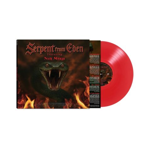"Serpent from Eden featuring Nick Menza." Illustration einer Schlange mit geöffnetem Maul vor Flammen, rote Vinyl-Schallplatte.