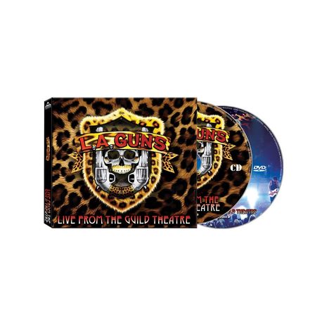Aufschrift auf dem Cover: "L.A. GUNS" und "LIVE FROM THE GUILD THEATRE". Hintergrund: Leopardenmuster mit Totenkopf und Pistolen.