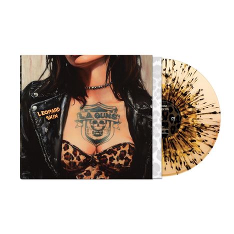 Text: "LEOPARD SKIN", "LA GUNS". Illustration einer Frau in Lederjacke mit Leopardenmuster-Top, Tattoo auf der Brust, Vinyl daneben.